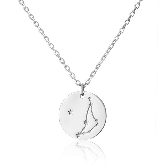 N-7016 Zodiac Constellation Disc Charm and Necklace Set - Rhodium Plated - Capricorn | Teeda