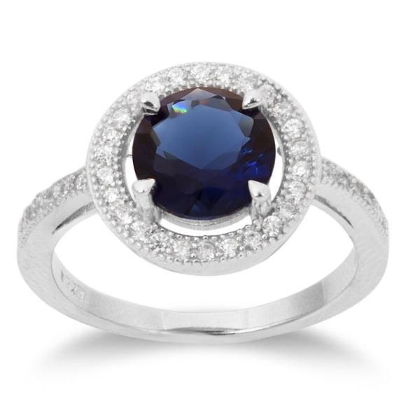 RZ-1671 Round Brilliant Cut Halo CZ Ring - Blue Sapphire | Teeda