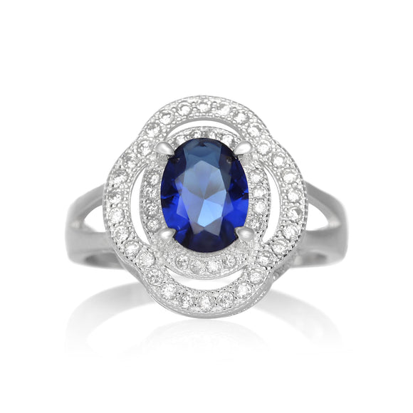 RZ-1688 Oval CZ Double Halo Ring - Blue Sapphire | Teeda