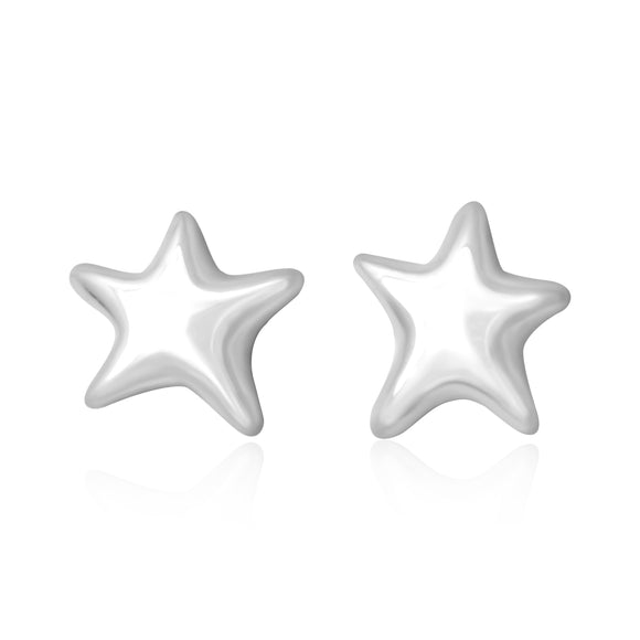 E-7006 Puffy Star Stud Earrings - Rhodium Plated | Teeda