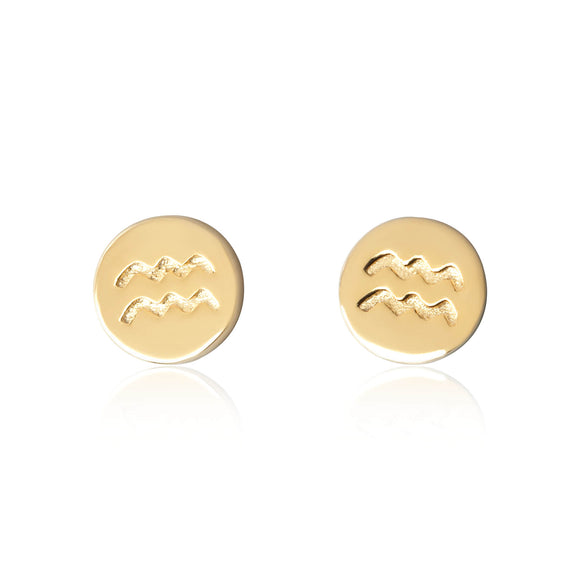 E-7008 Zodiac Disc Stud Earrings - Gold Plated - Aquarius | Teeda
