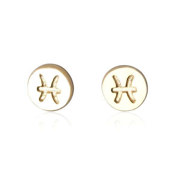 E-7008 Zodiac Disc Stud Earrings - Gold Plated - Pisces | Teeda