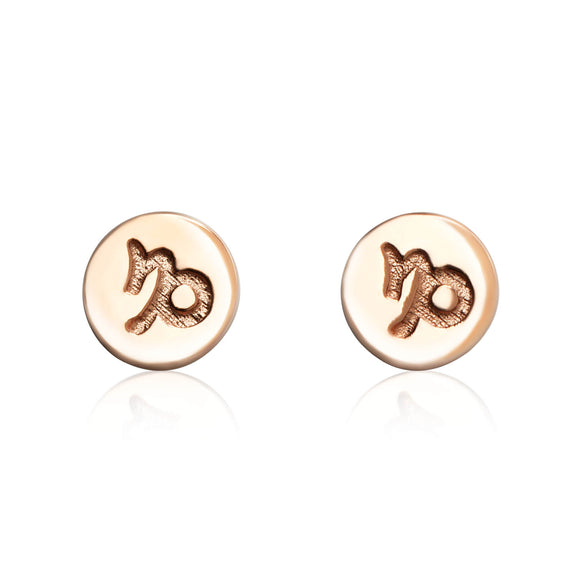 E-7008 Zodiac Disc Stud Earrings - Rose Gold Plated - Capricorn | Teeda