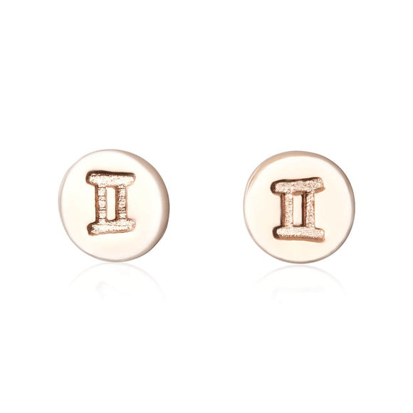 E-7008 Zodiac Disc Stud Earrings - Rose Gold Plated - Gemini | Teeda