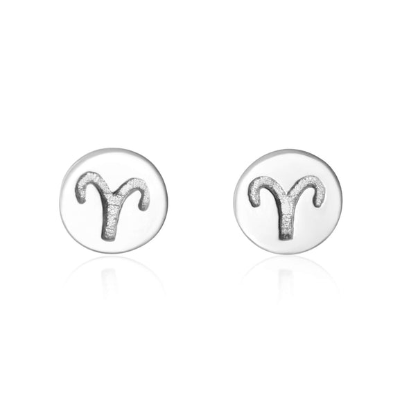 E-7008 Zodiac Disc Stud Earrings - Rhodium Plated - Aries | Teeda