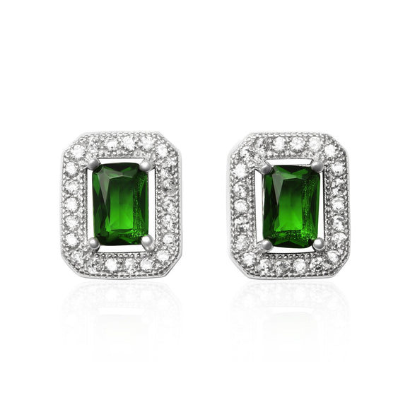 EZ-3009 Emerald Cut Halo Cubic Zirconia Earrings - Emerald | Teeda