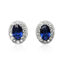 EZ-3010 Oval Halo Cubic Zirconia Earrings - Blue Sapphire | Teeda