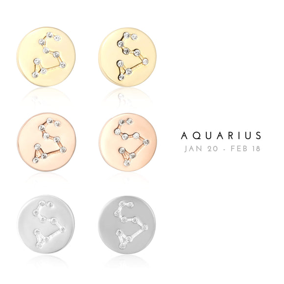 EZ-7073 Aquarius Zodiac Constellation CZ Disc Stud Earrings | Teeda