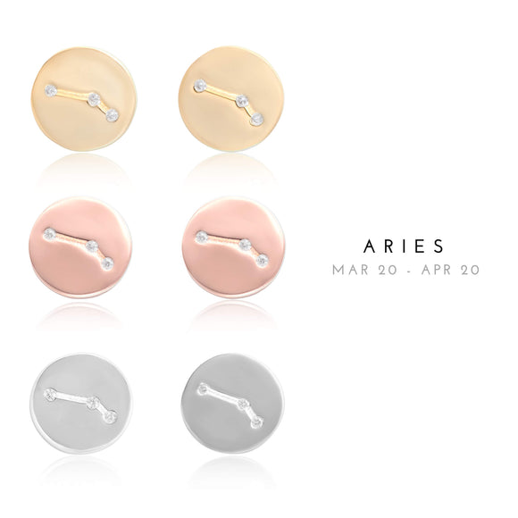 EZ-7073 Aries Zodiac Constellation CZ Disc Stud Earrings | Teeda
