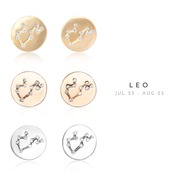 EZ-7073 Leo Zodiac Constellation CZ Disc Stud Earrings | Teeda