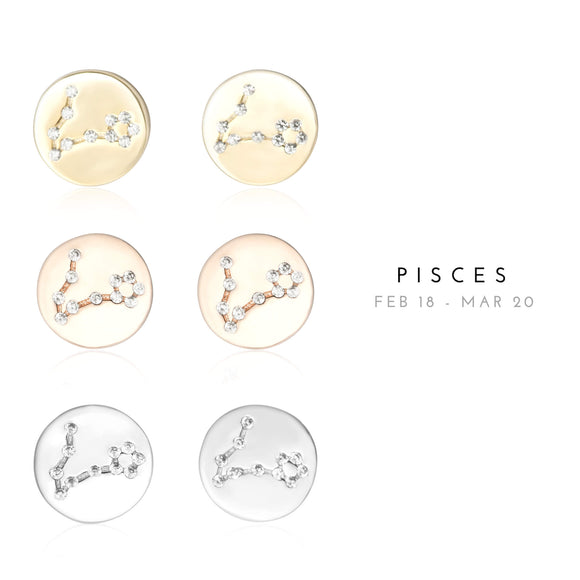 EZ-7073 Pisces Zodiac Constellation CZ Disc Stud Earrings | Teeda