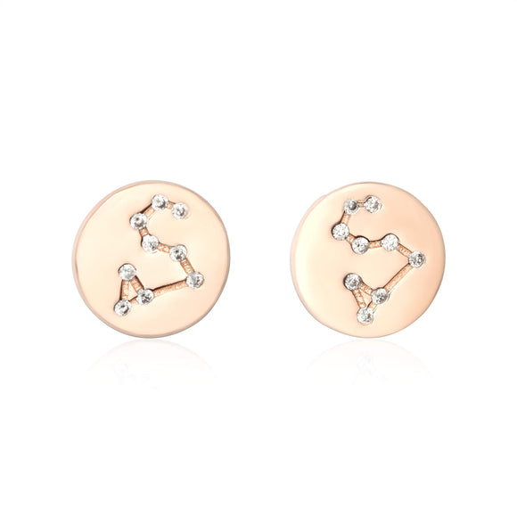 EZ-7073 Zodiac Constellation CZ Disc Stud Earrings - Rose Gold Plated - Aquarius | Teeda