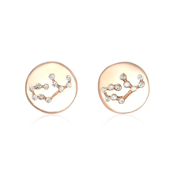 EZ-7073 Zodiac Constellation CZ Disc Stud Earrings - Rose Gold Plated - Virgo | Teeda