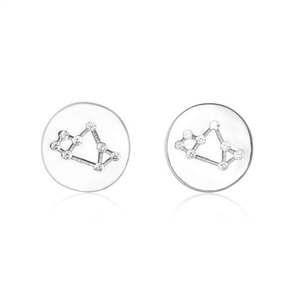 EZ-7073 Zodiac Constellation CZ Disc Stud Earrings - Rhodium Plated - Sagittarius | Teeda