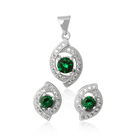 MAZ-1000-E Micropave Cubic Zirconia Earring and Pendant Set - Emerald | Teeda