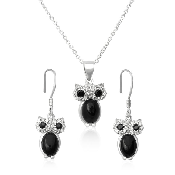 MAZ-8100 Owl Heart CZ Earring Pendant Necklace Set | Teeda