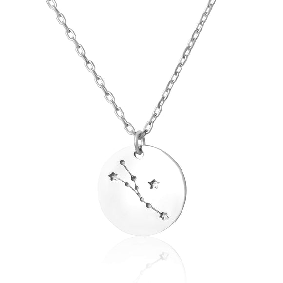 N-7016 Zodiac Constellation Disc Charm and Necklace Set - Rhodium Plated - Taurus | Teeda