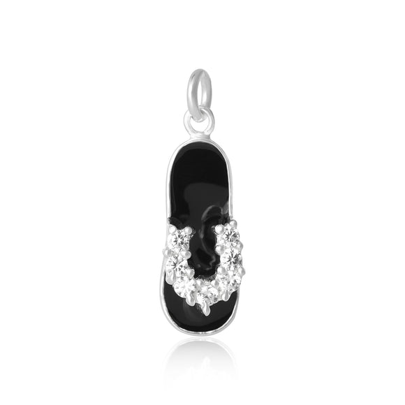 PZ-9010-EB CZ Shoe Sandal Slipper Pendant with Enamel - Black Enamel-Clear CZ | Teeda