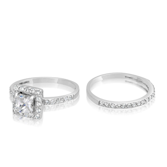 RSZ-2151 Princess Cut Halo CZ Engagement Wedding Ring Set
