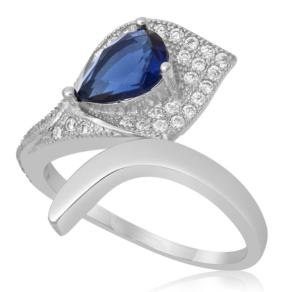 RZ-1652-BS Pear Shape Micropave Cubic Zirconia Ring - Blue Sapphire | Teeda