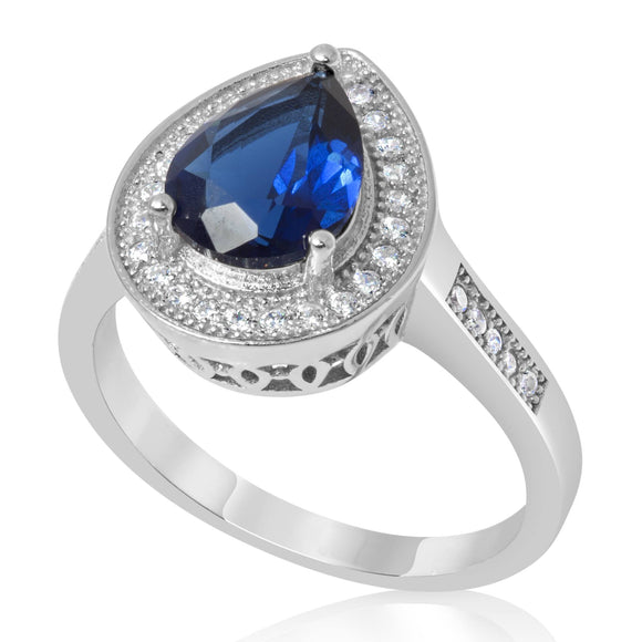 RZ-1686 Pear Shape Halo Cubic Zirconia Ring - Blue Sapphire | Teeda