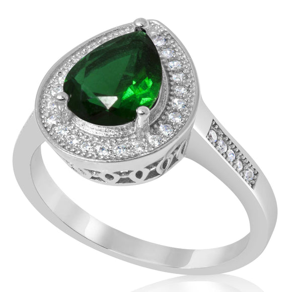 RZ-1686 Pear Shape Halo Cubic Zirconia Ring - Emerald | Teeda