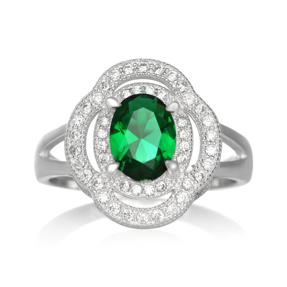 RZ-1688 Oval CZ Double Halo Ring - Emerald | Teeda